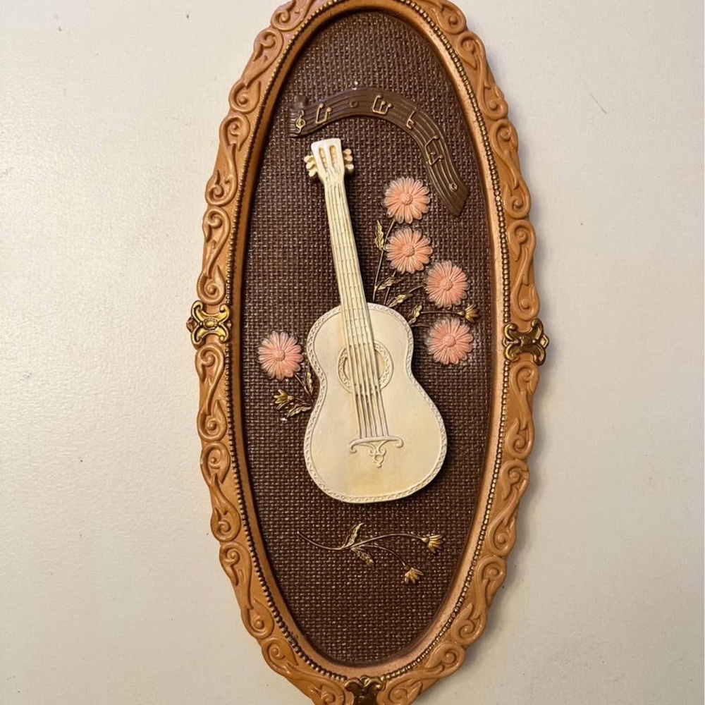 Vintage Oval Chalk-ware Wall Art with Guitar and Flowers
